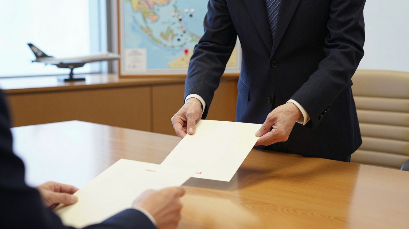 Dwóch mężczyzn w garniturach wymienia dokumenty w biurze z mapą świata i modelem samolotu w tle.