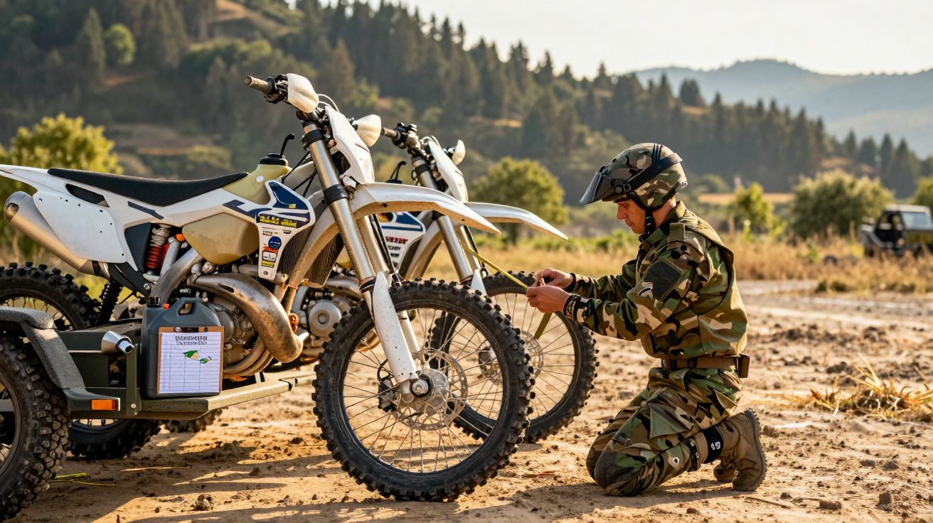 Żołnierz w mundurze i hełmie sprawdza opony motocykla na piaszczystym terenie. W tle las i góry.