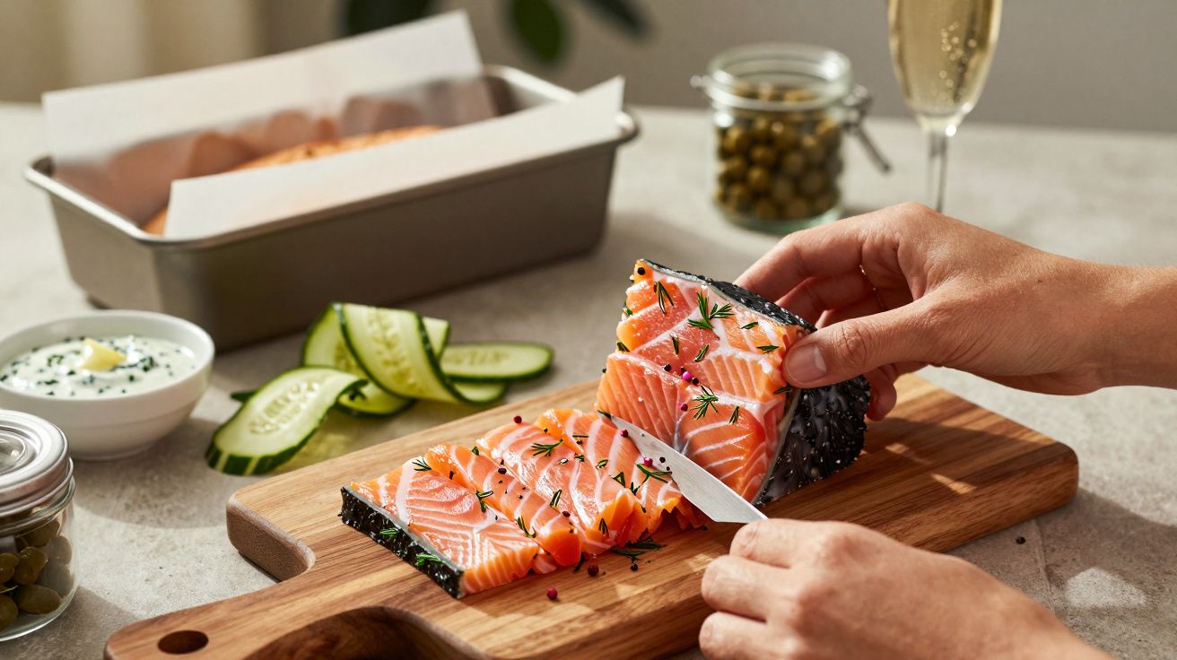 Osoba krojąca łososia na desce, obok plasterki ogórka i sos.