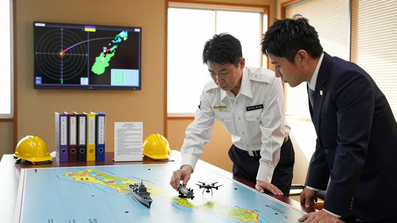 Dwóch mężczyzn przy stole z mapą planuje strategię. Na stole miniatury statków i helikoptera. Na ścianie ekran z mapą.