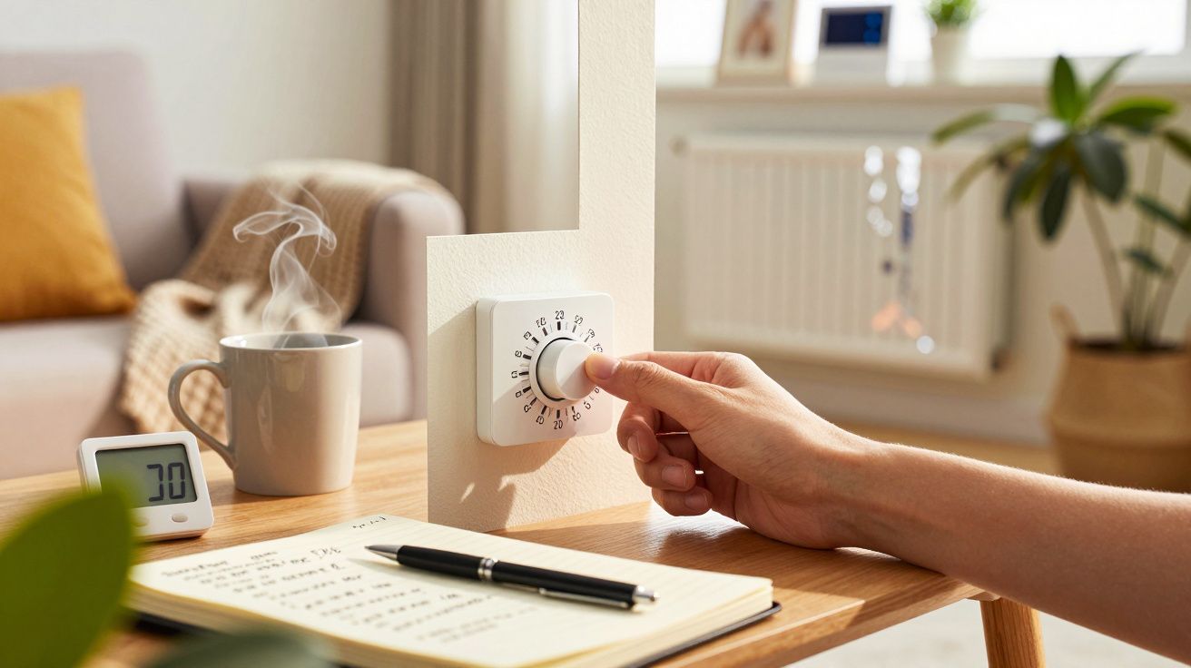 Osoba reguluje termostat, na stole stoi notes z długopisem, termometr i filiżanka z gorącym napojem.