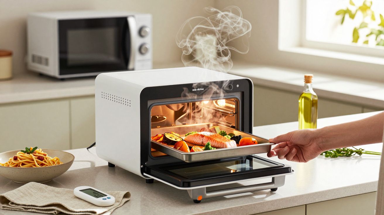 Osoba wyciąga gorącą blachę z piekarnika z gotowanym łososiem i warzywami w kuchni.