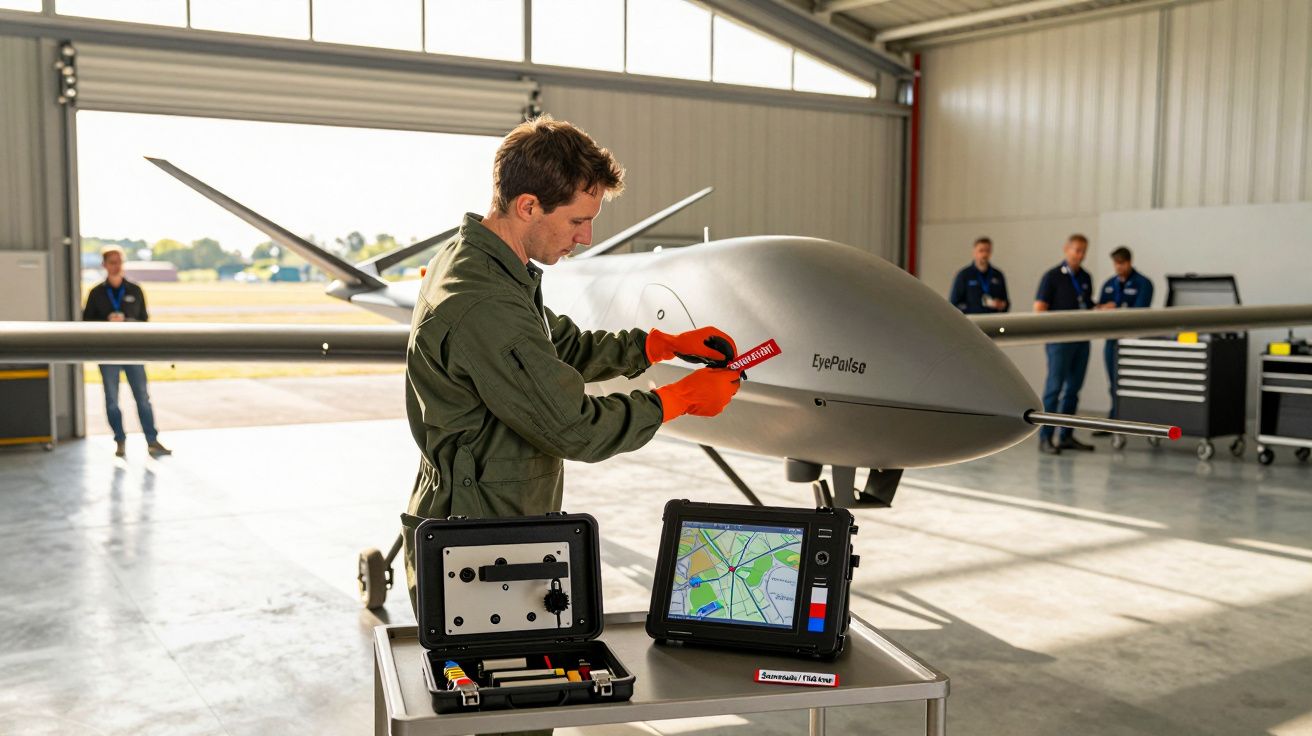 Mężczyzna w warsztacie technicznym pracuje przy dronie; na stole tablet z mapą.