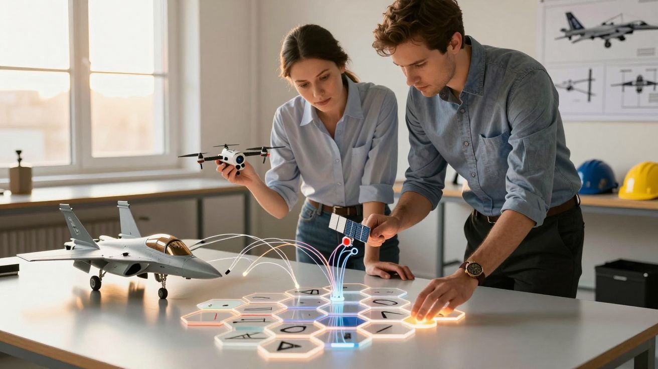 Dwie osoby analizujące modele samolotów i dronów na interaktywnym stole w nowoczesnym biurze.