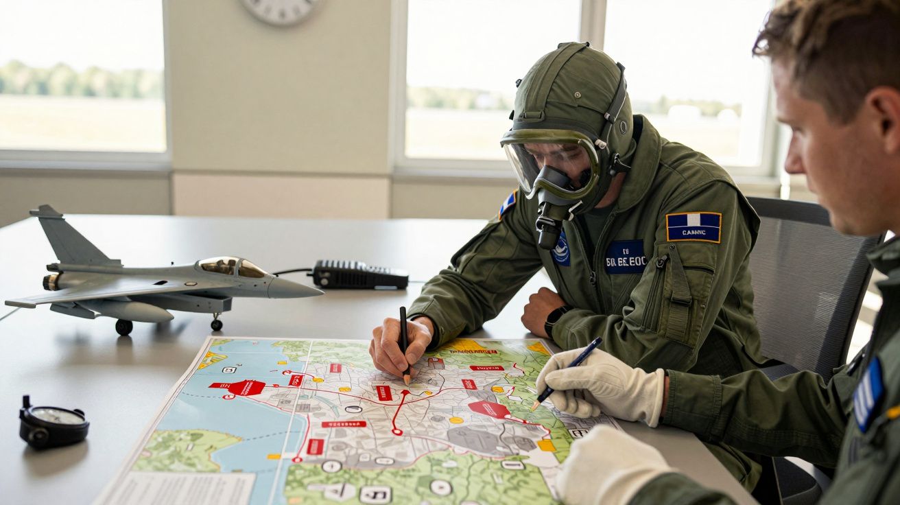 Dwóch pilotów w mundurach planuje misję nad mapą z modelem samolotu na stole.