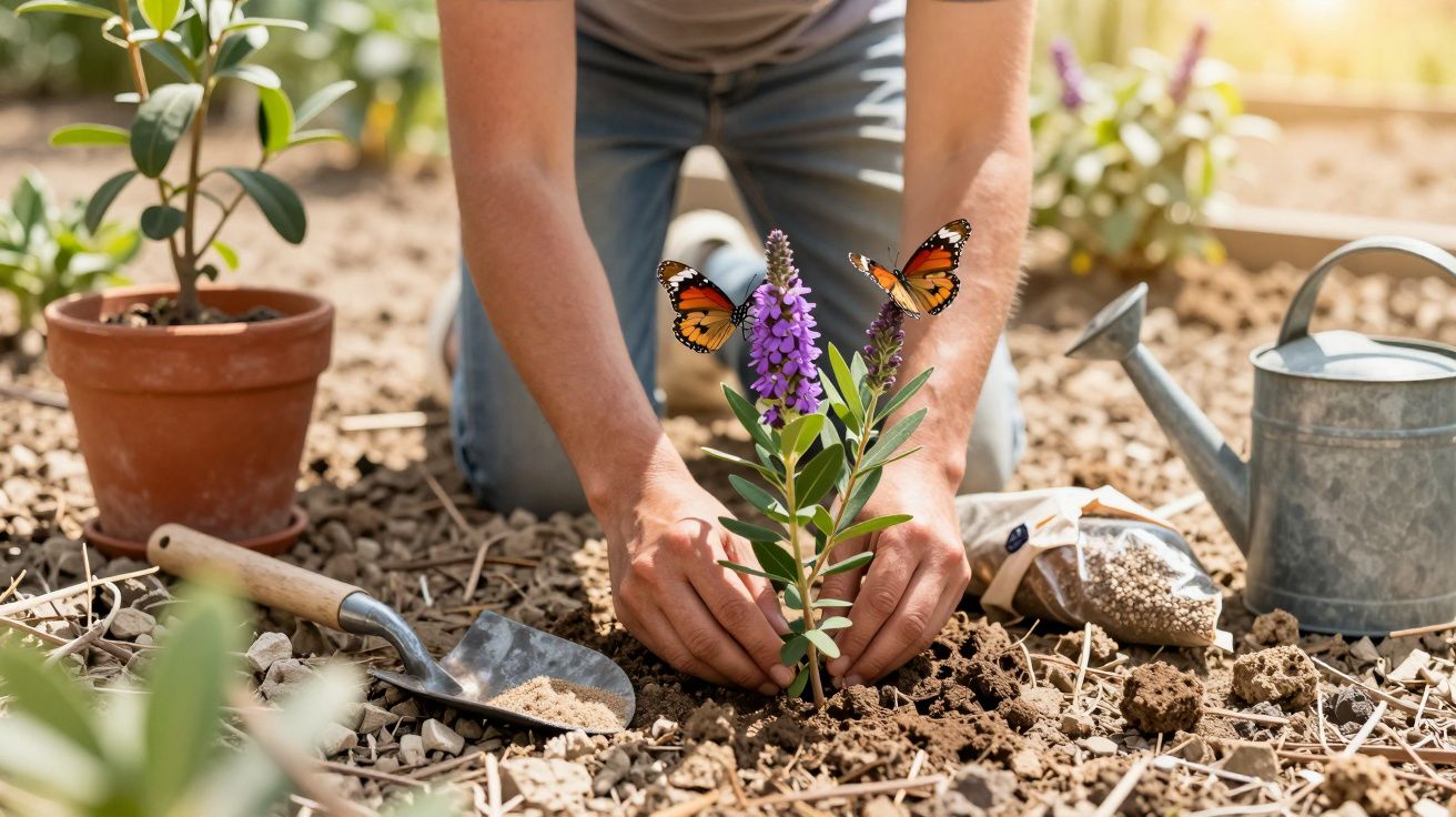 Osoba sadząca kwiat w ogrodzie, motyle na kwiatach, obok konewka i łopatka.