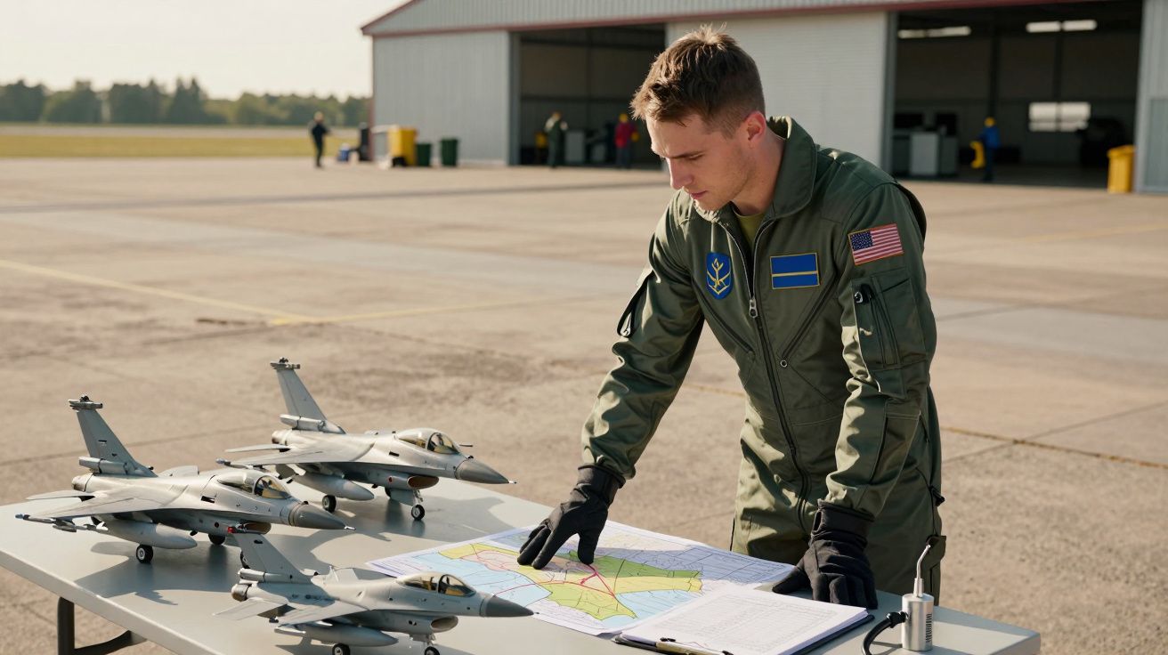 Mężczyzna w mundurze wojskowym stoi przy stole z modelami samolotów i mapą na lotnisku.