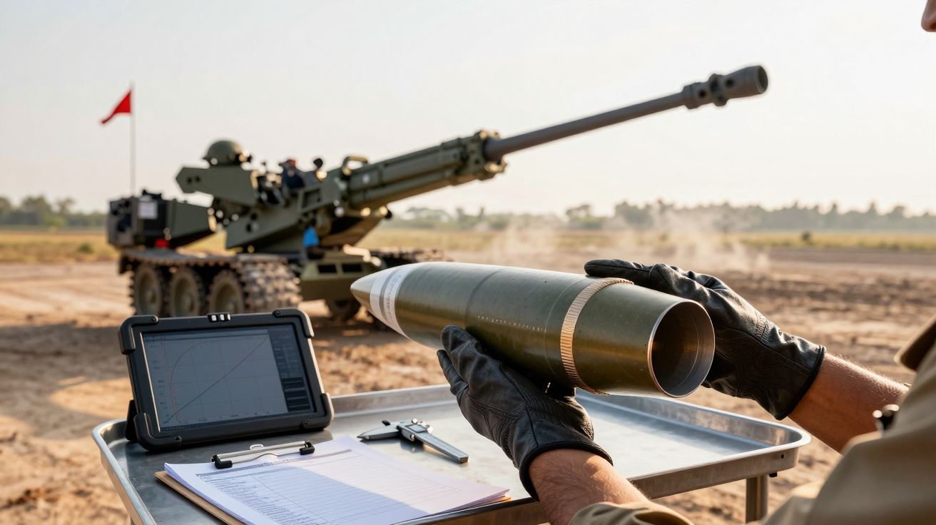 Osoba trzyma pocisk przed haubicą, na stoliku obok tablet i notes.