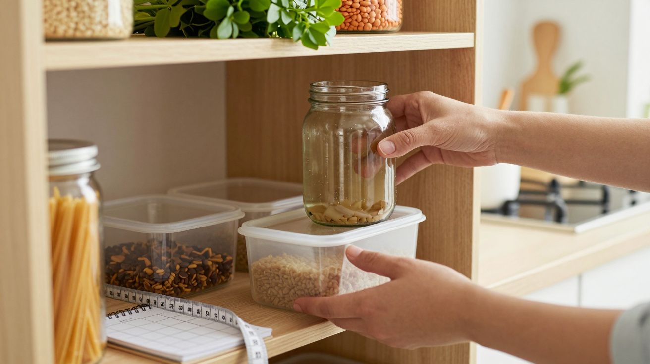 Osoba układająca słoik z suchymi produktami na drewnianej półce w kuchni.