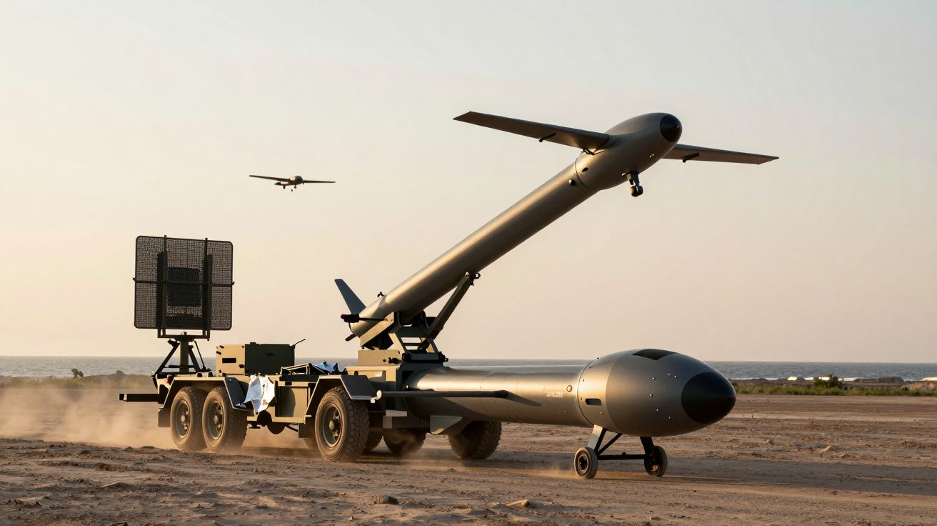 Drony wojskowe na przyczepie na poligonie, wystrzeliwane w powietrze, jeden w locie.