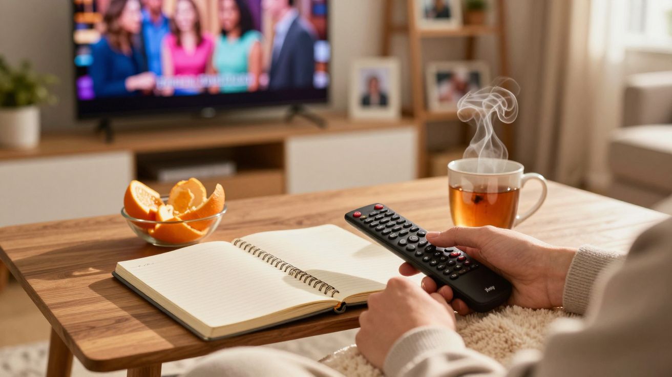 Osoba trzyma pilot przed telewizorem, na stoliku herbata i notes. W tle telewizor z grupą ludzi.