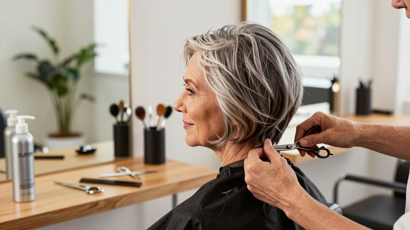 Kobieta w salonie fryzjerskim ma strzyżone siwe włosy.