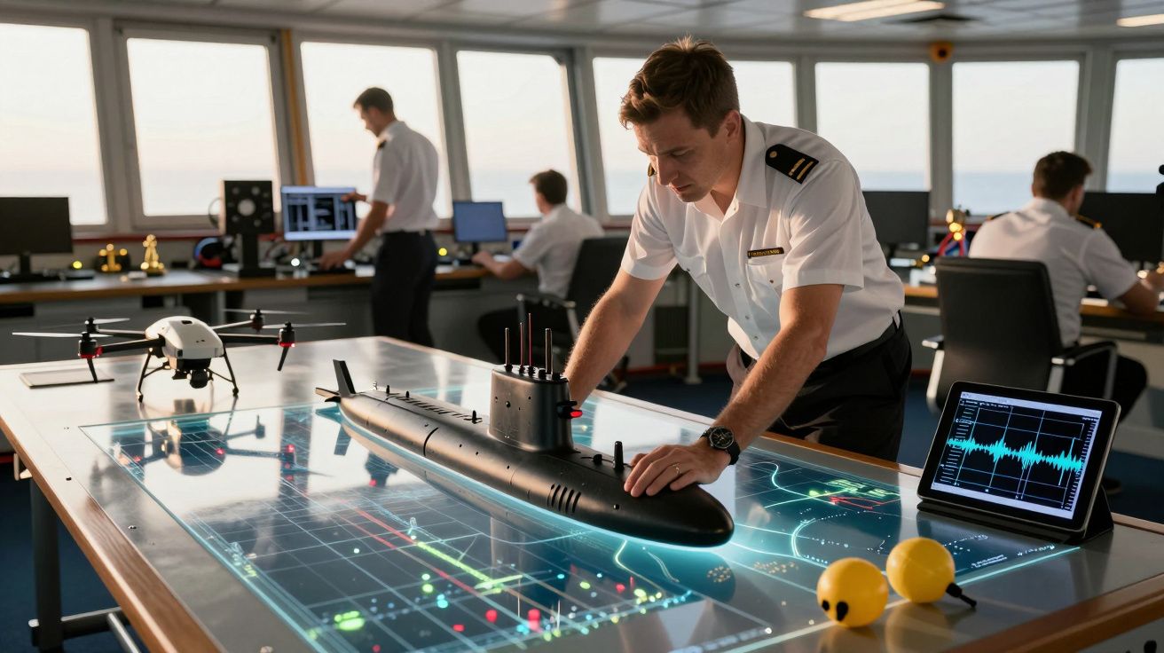 Mężczyzna w mundurze bada model okrętu podwodnego na stole interaktywnym w sterowni.
