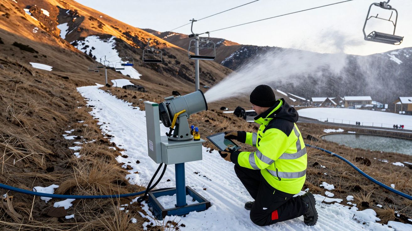 Pracownik w żółtej kurtce obsługuje armatkę śnieżną na stoku górskim z małą ilością śniegu.