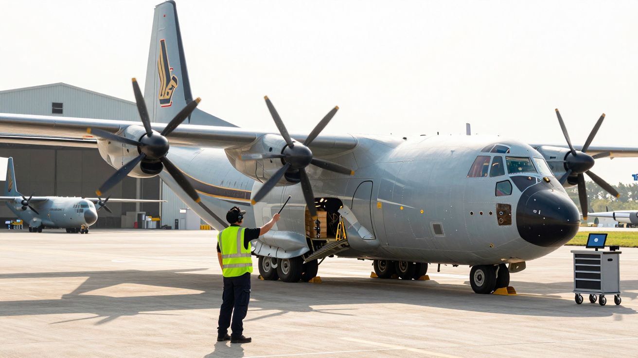 Pracownik lotniska w kamizelce odblaskowej kieruje dużym samolotem transportowym na płycie lotniska.