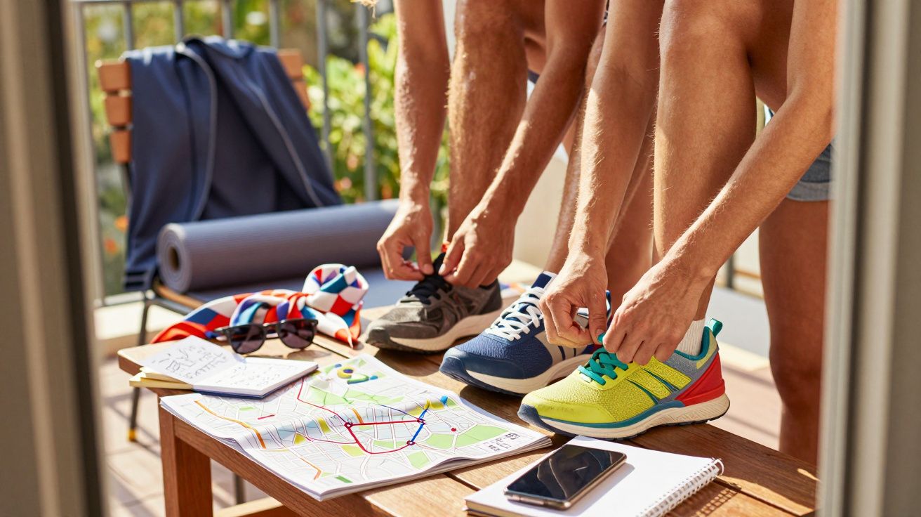 Osoby wiążące buty sportowe, na stole mapa, telefon i okulary słoneczne.