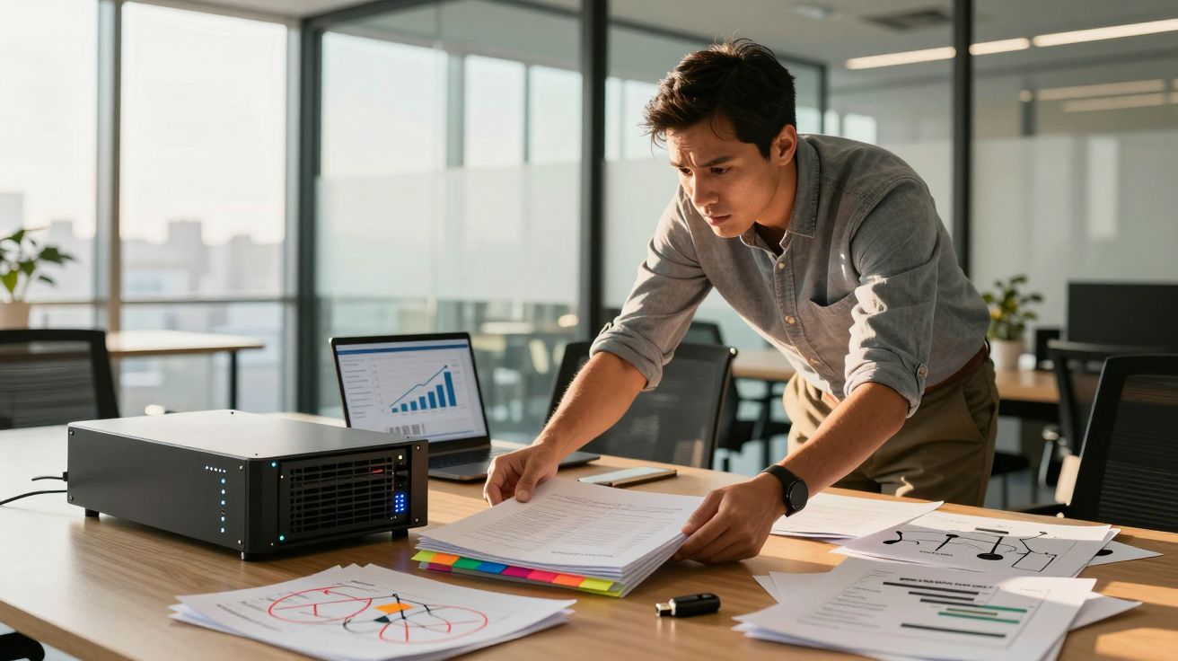 Mężczyzna w biurze analizuje wykresy i dokumenty przy stole, obok laptopa.