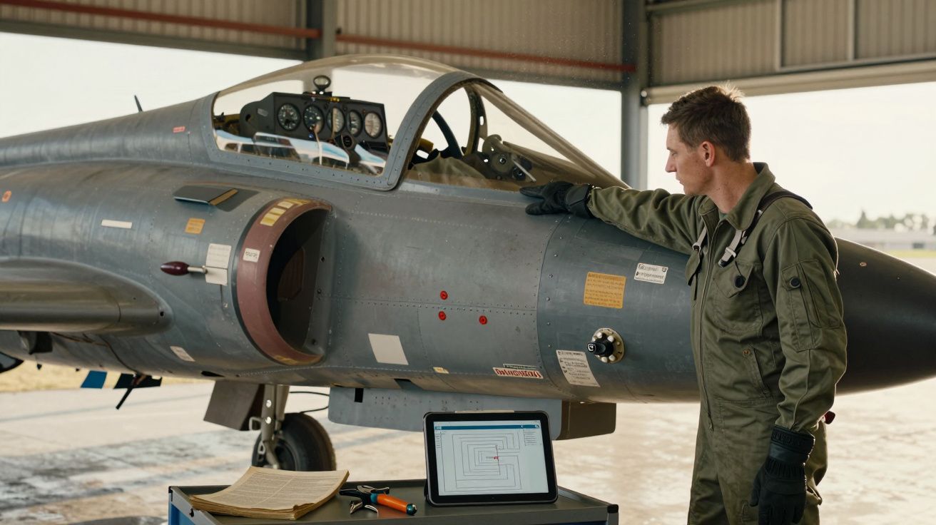 Mężczyzna w kombinezonie wojskowym stoi obok odrzutowca w hangarze. Na stole tablet i dokumenty.