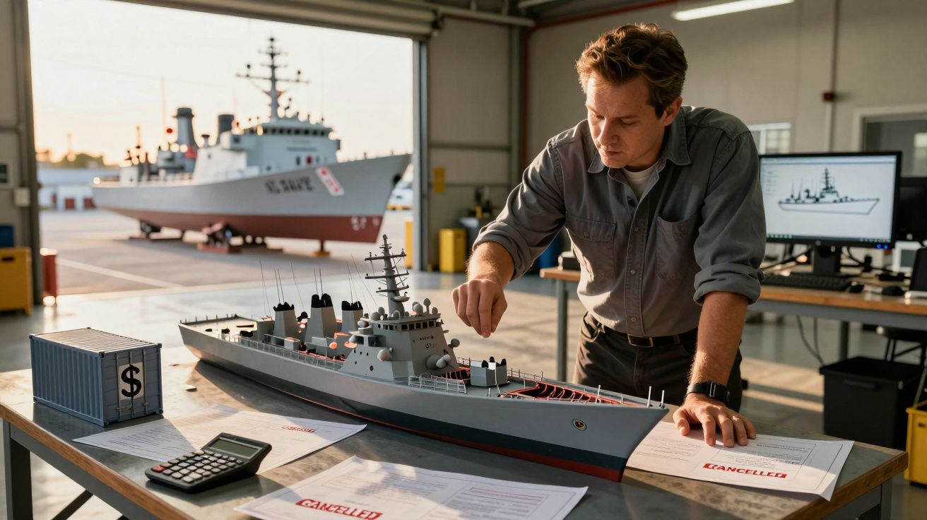 Mężczyzna pracujący nad modelem okrętu wojennego w biurze, w tle większy statek i komputer z rysunkiem statku.