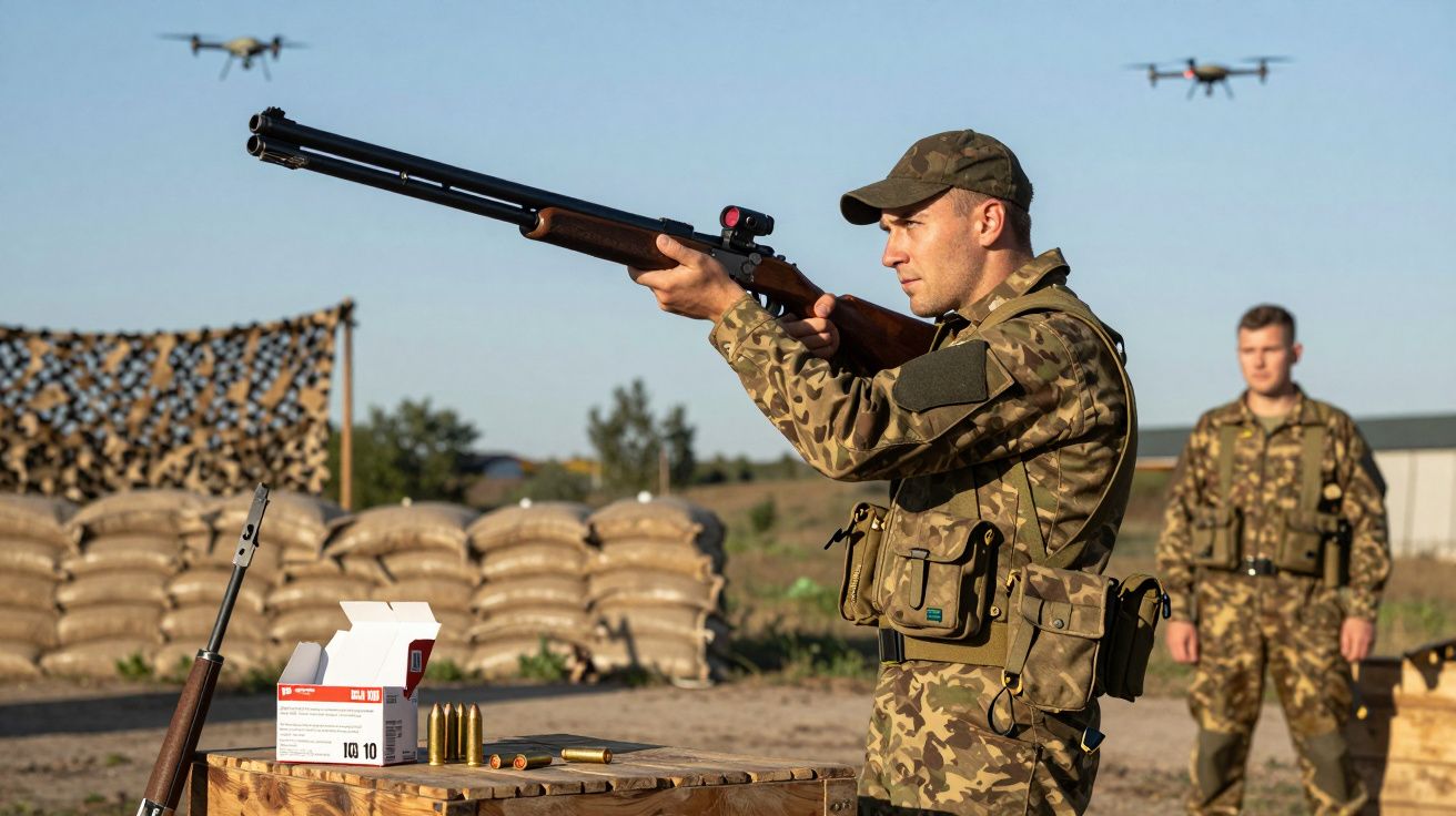 Żołnierz w mundurze celuje karabinem, za nim drony i inny żołnierz; wokół worki z piaskiem i stół z amunicją.