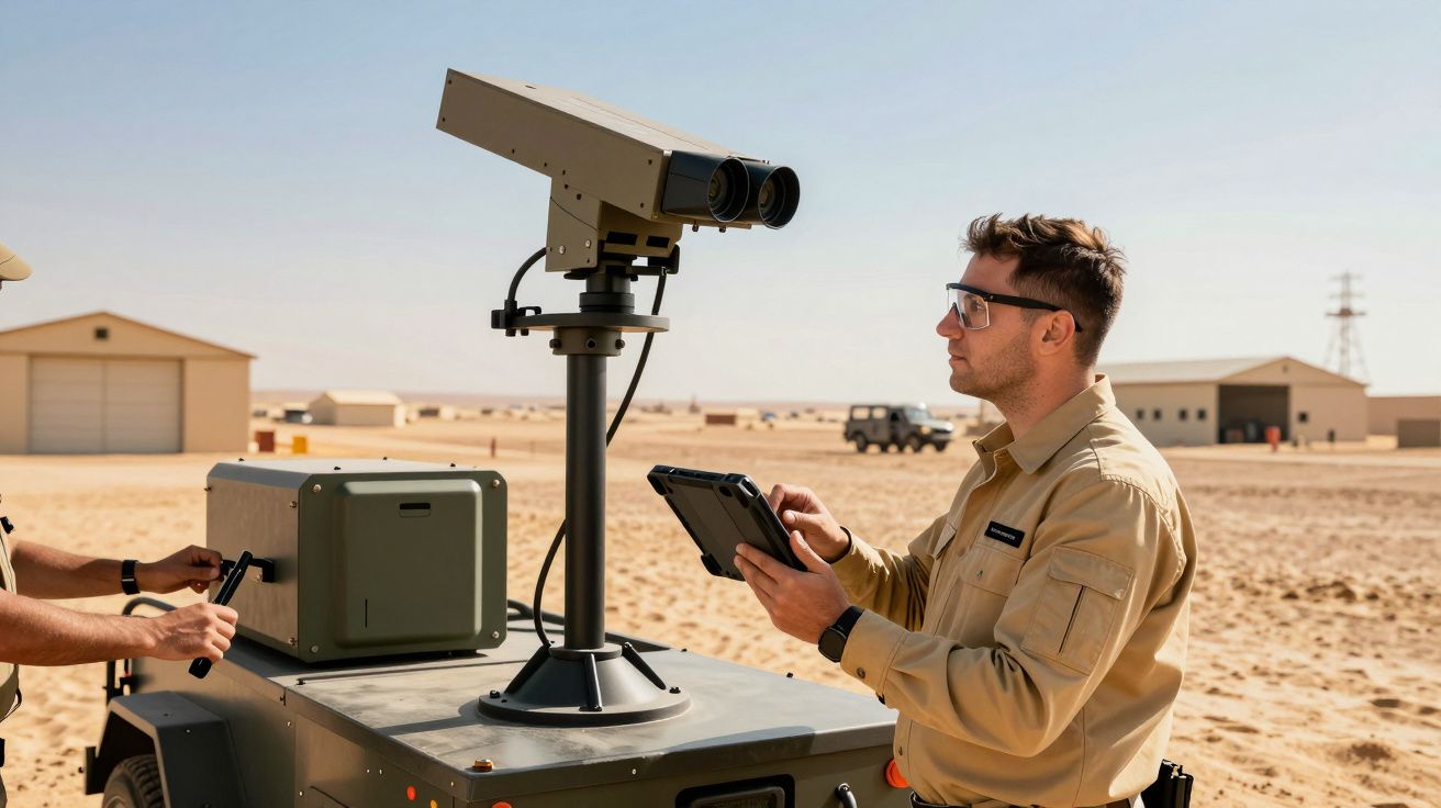Mężczyzna w okularach obsługuje urządzenie na pustyni, używając tabletu; w tle widoczne hangary i auta.