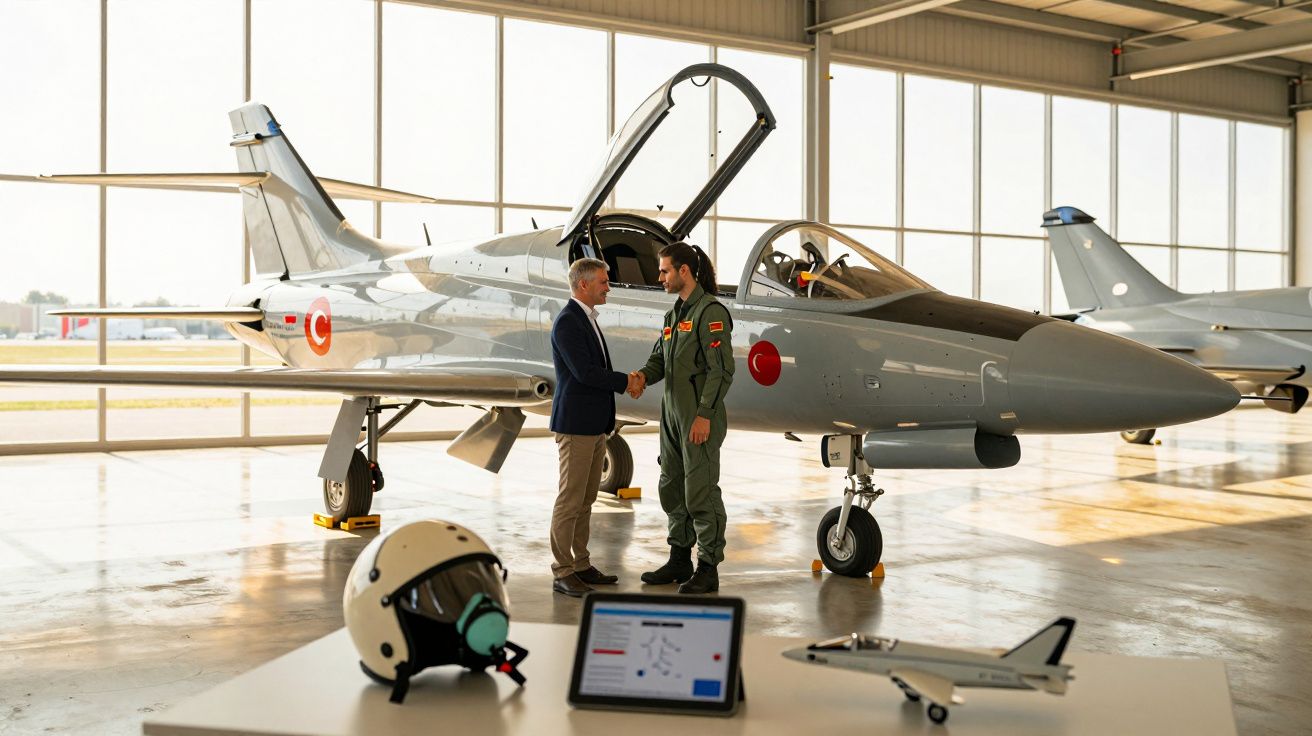 Dwaj mężczyźni podają sobie ręce przed nowoczesnym samolotem w hangarze, na pierwszym planie kask i model.