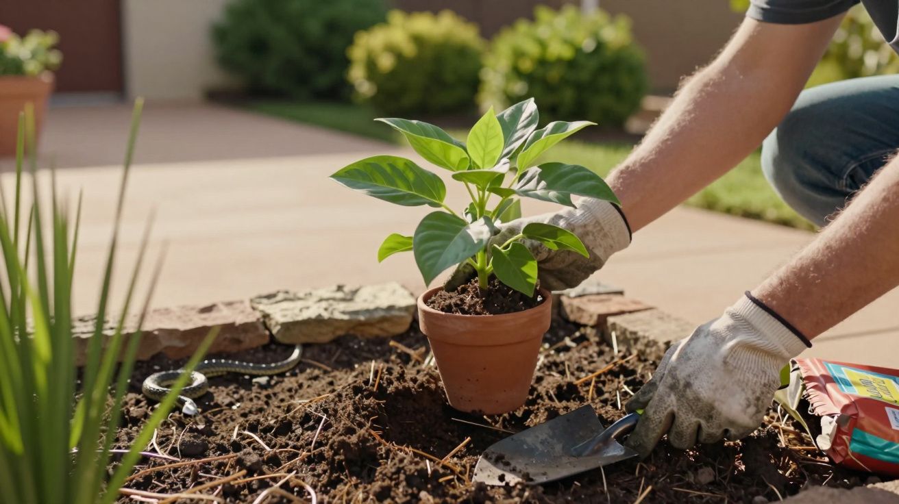 Osoba w rękawiczkach sadzi roślinę w ogrodzie, trzymając doniczkę z ziemią i łopatkę.