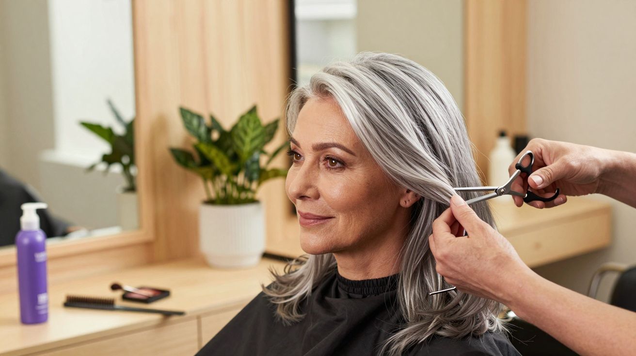 Kobieta z siwymi włosami w salonie fryzjerskim, fryzjer przycina jej włosy nożyczkami.