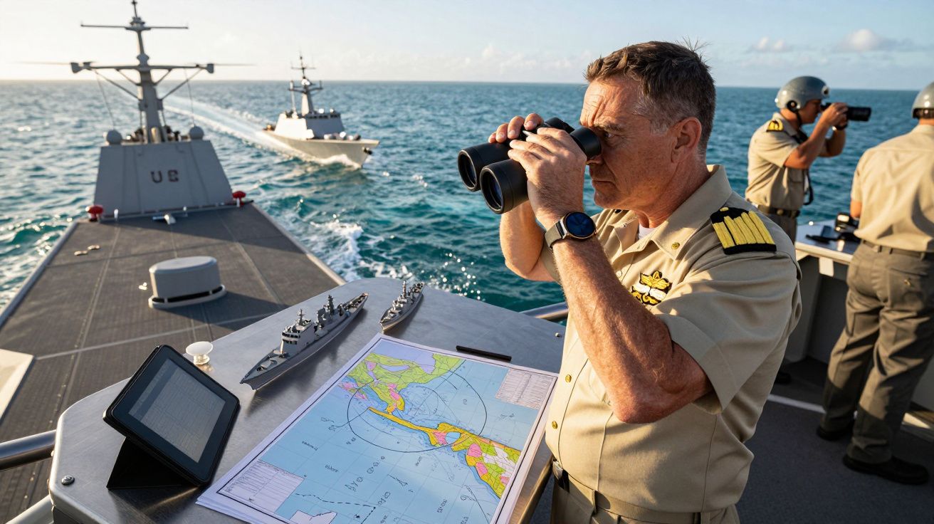 Kapitan marynarki obserwuje przez lornetkę, stojąc na pokładzie z mapą na tle dwóch okrętów wojennych na morzu.