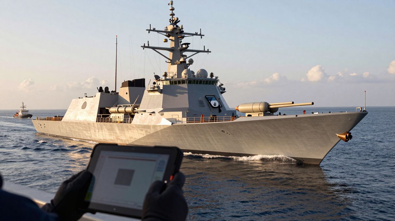 Nowoczesny okręt wojenny płynie po spokojnym morzu, obserwowany z pokładu łodzi z tabletem w rękach.