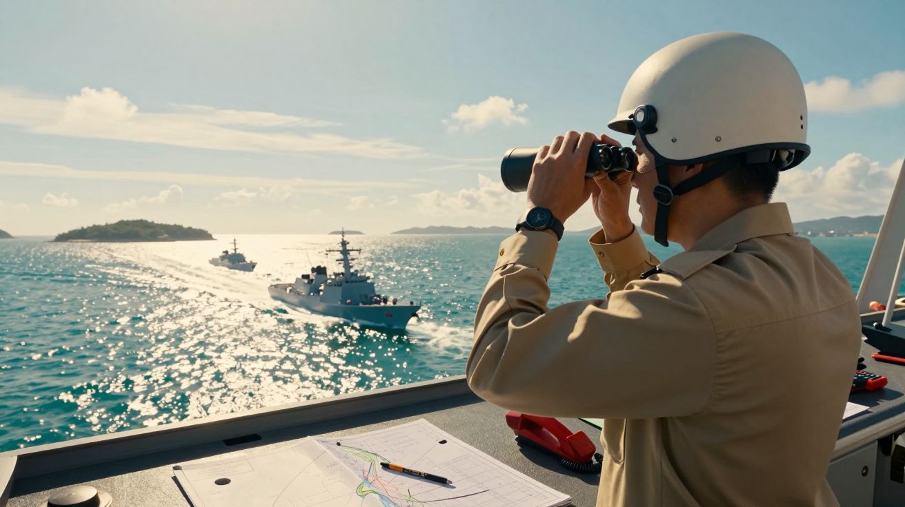 Mężczyzna w hełmie morskiego obserwujący przez lornetkę statek wojenny na morzu, mapa na stole w tle wyspy.