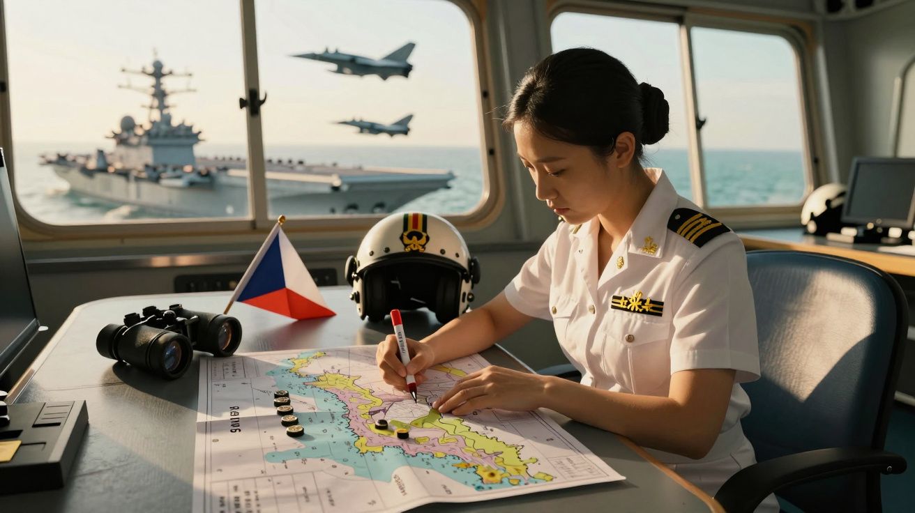 Kobieta w mundurze marynarki analizuje mapę na statku; w tle lotniskowiec i dwa myśliwce.
