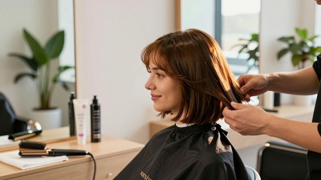 Fryzjerka stylizuje włosy klientki w salonie fryzjerskim.