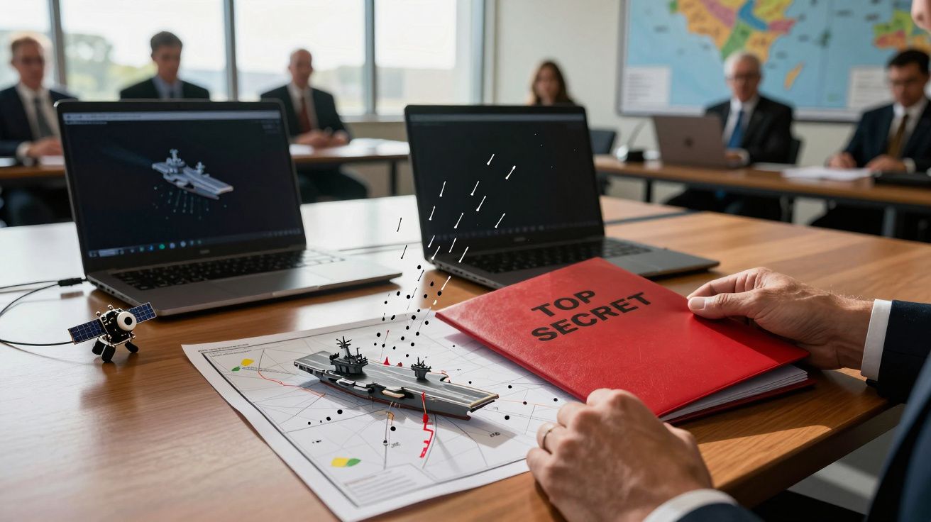 Osoba trzyma teczkę "TOP SECRET" nad modelem lotniskowca, w tle laptopy i mapa.