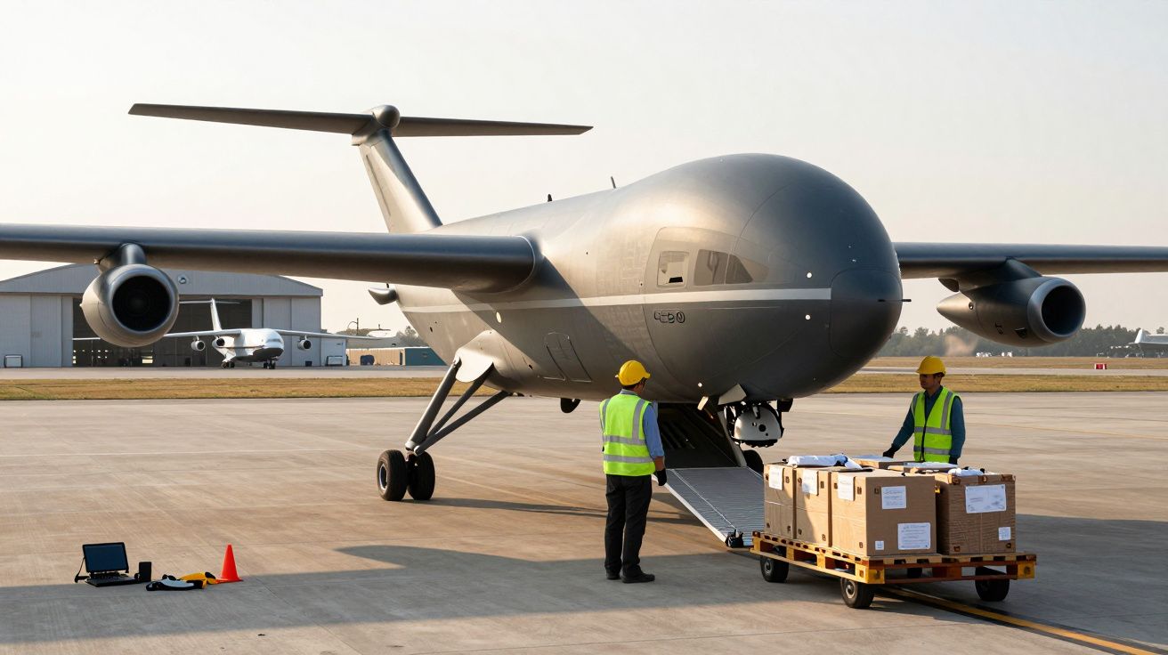 Dwóch pracowników w kamizelkach odblaskowych ładuje paczki do szarego, bezzałogowego samolotu cargo na lotnisku.