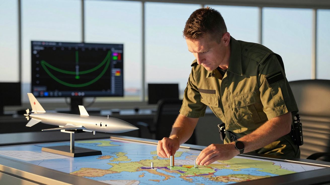 Mężczyzna w mundurze analizuje mapę na stole, obok stoi model rakiety. W tle ekran z wykresem.