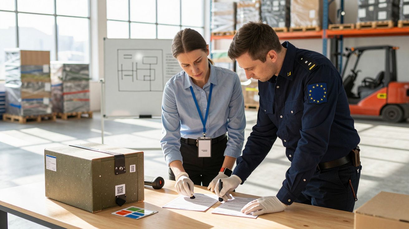 Dwoje pracowników w magazynie przegląda dokumenty przy stole, obok jest pudełko i wózek widłowy w tle.