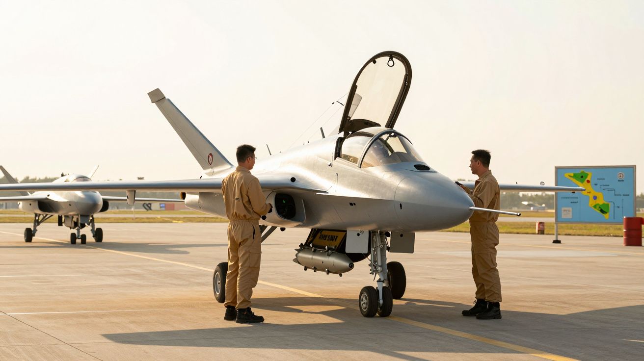 Dwóch pilotów w beżowych kombinezonach stoi obok nowoczesnego samolotu na płycie lotniska.