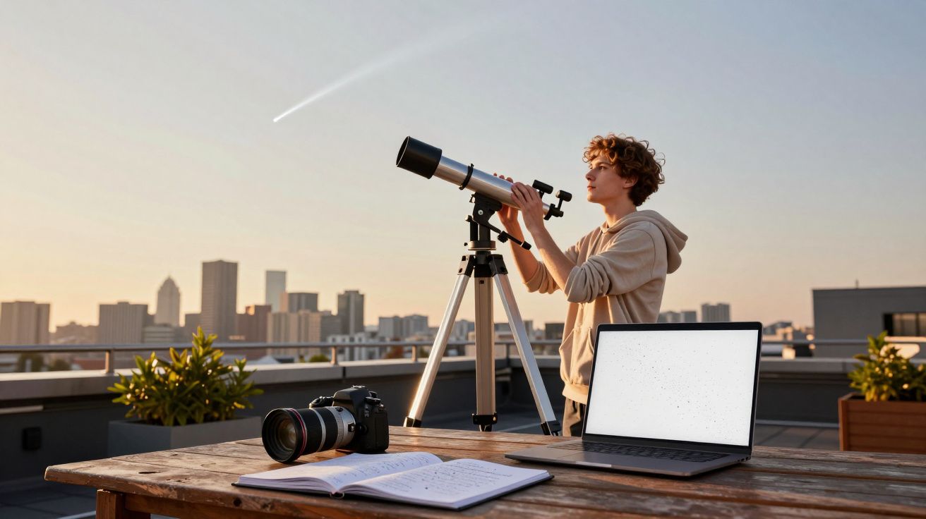 Młody mężczyzna obserwuje niebo przez teleskop na dachu, obok laptop, aparat i otwarty zeszyt.