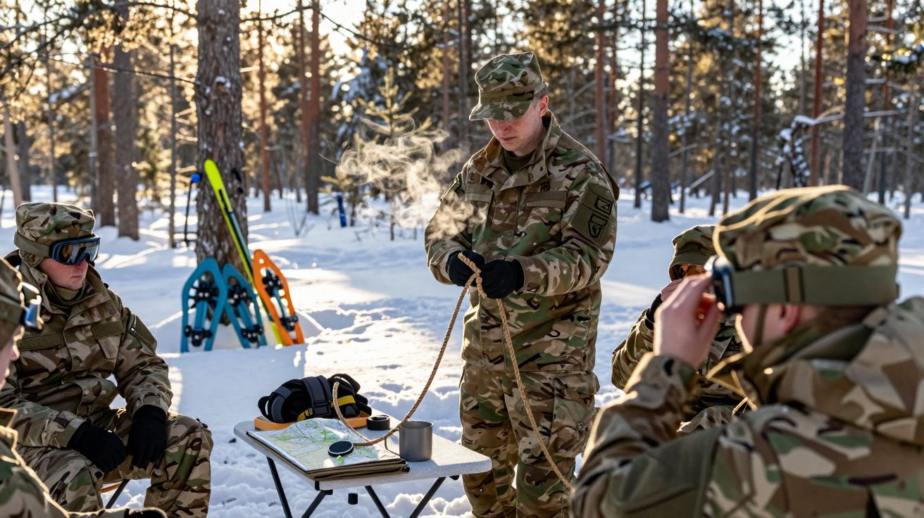 Żołnierze w zimowych mundurach siedzą w lesie na śniegu, przygotowując się do marszu z rakietami śnieżnymi.