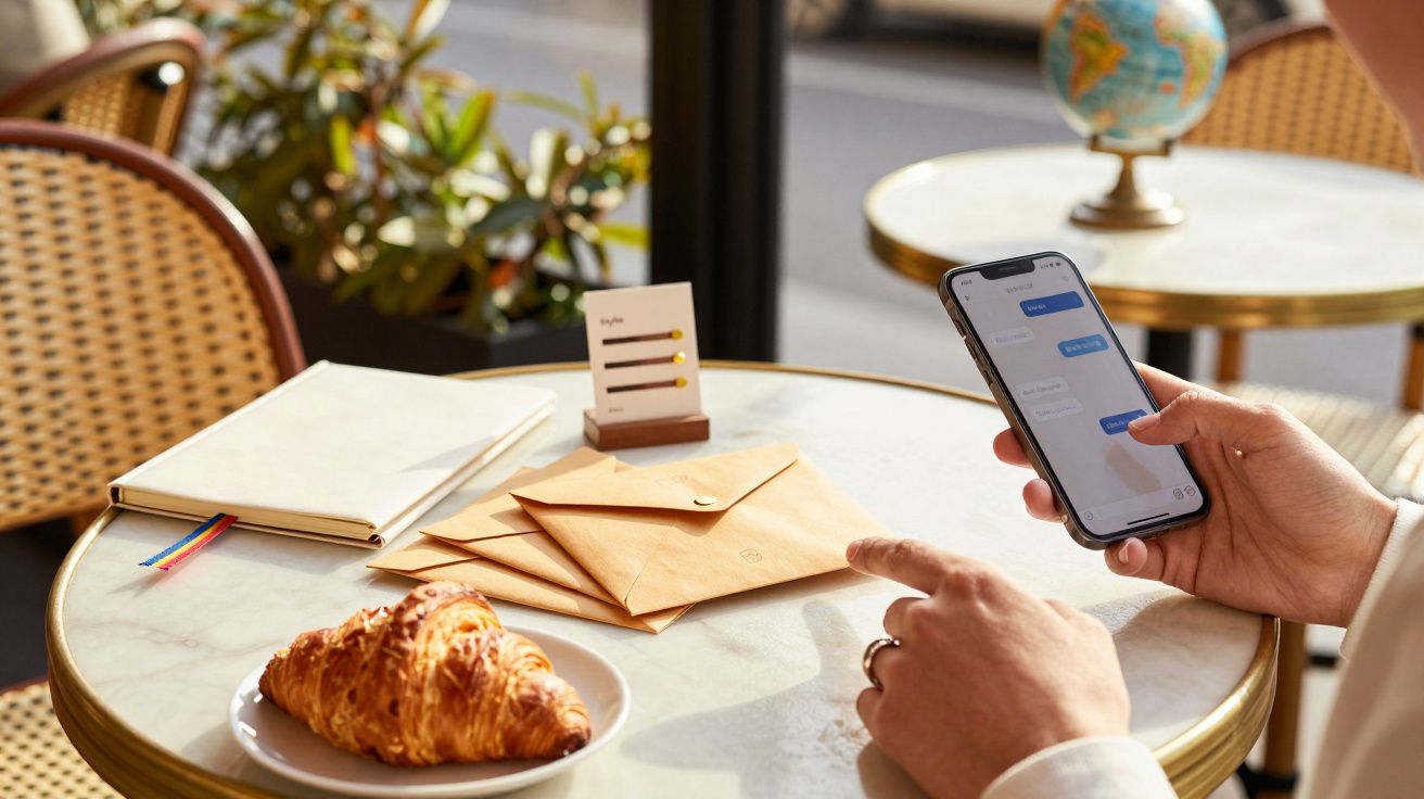 Osoba trzymająca telefon z wiadomościami przy stoliku kawiarnianym z rogalikiem, kopertami i notesem.