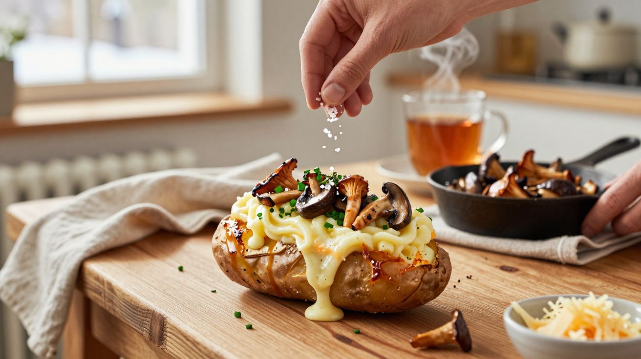 Ziemniak pieczony z serem, grzybami i szczypiorkiem na drewnianym stole, dłoń posypuje solą.