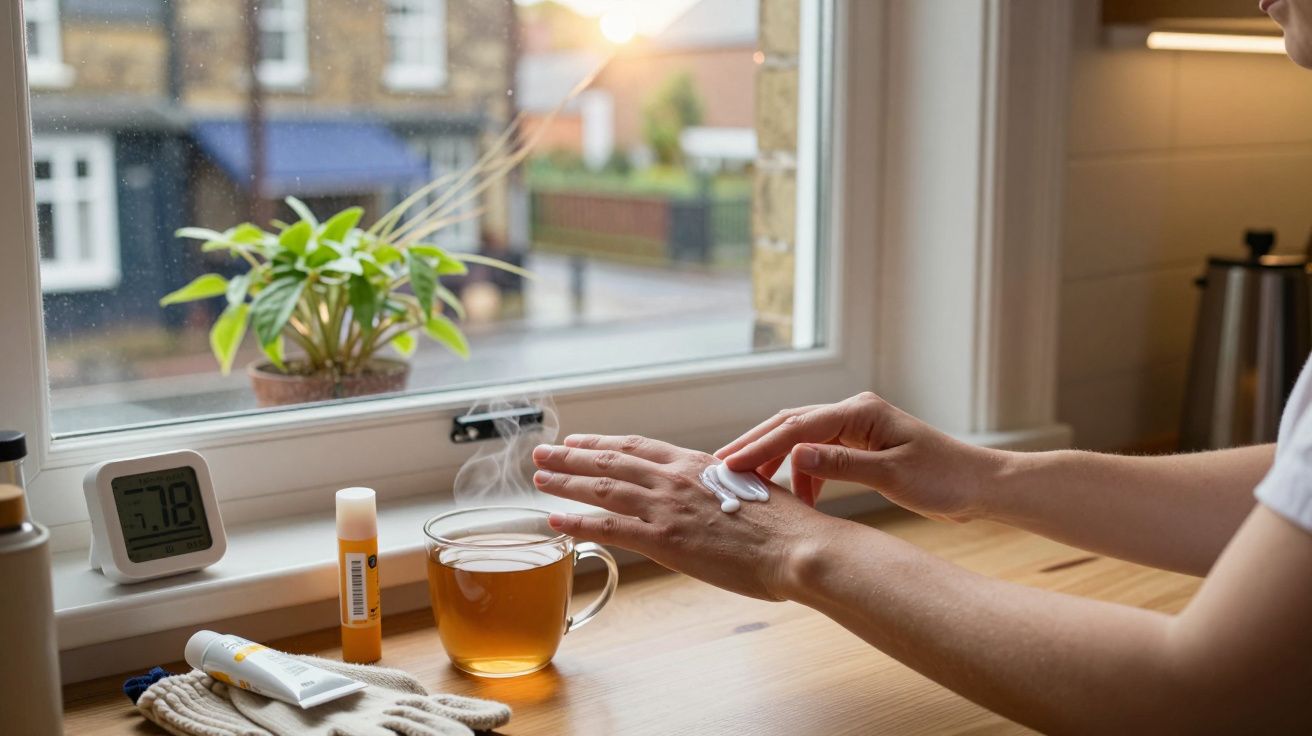 Osoba nakładająca krem na dłonie przy filiżance herbaty, obok okna z rośliną i termometrem wskazującym 7,8 stopnia.