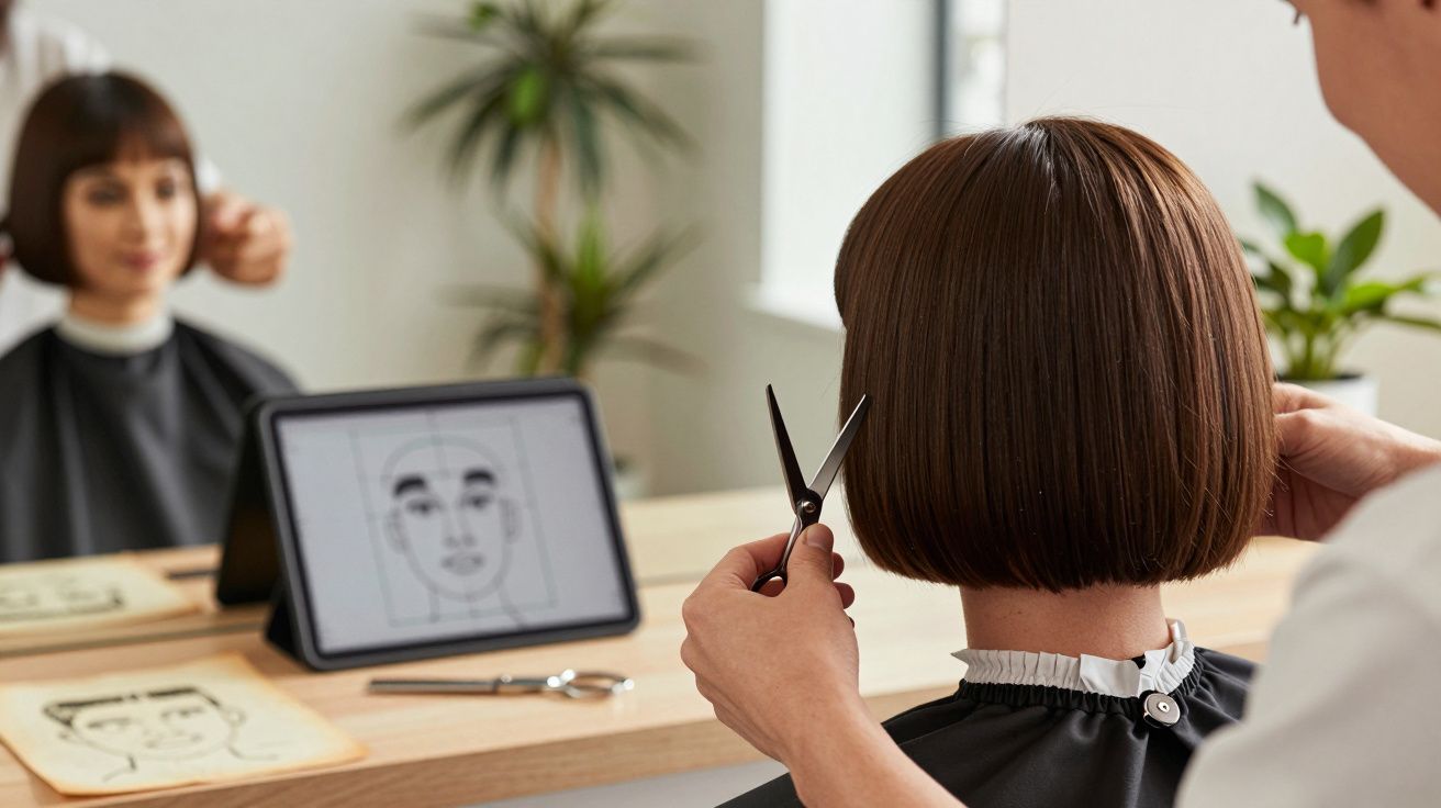 Kobieta u fryzjera, w lustrze odbicie tablet z rysunkiem twarzy. Fryzjer przycina krótkie brązowe włosy.