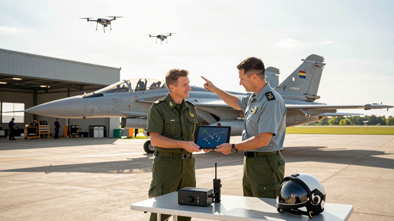 Dwóch żołnierzy dyskutuje na lotnisku, trzymając tablet, w tle myśliwiec i drony w powietrzu.