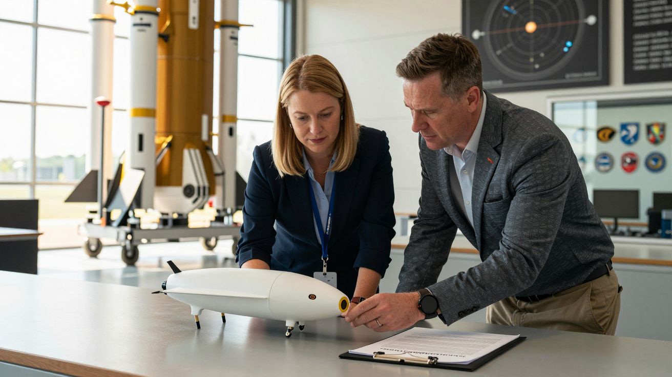 Mężczyzna i kobieta analizują model statku kosmicznego w nowoczesnym biurze z rakietą w tle.