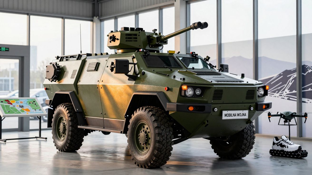 Zielony wojskowy pojazd opancerzony z działem, stoi na wystawie w hali z dużymi oknami.