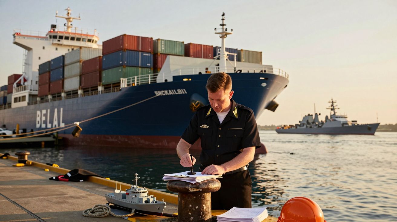 Mężczyzna w mundurze na nabrzeżu, w tle duży statek kontenerowy oraz okręt wojenny na wodzie.