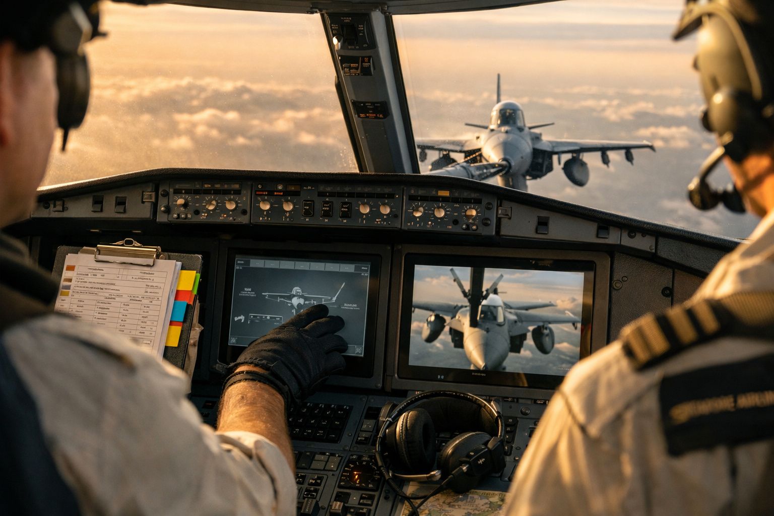 Pilot obsługujący ekran dotykowy w kokpicie samolotu, z wizualizacją samolotu na wyświetlaczu.