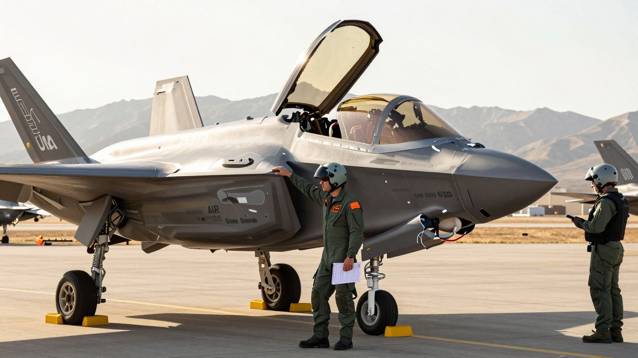 Dwóch pilotów wojskowych przy samolocie myśliwskim F-35 na lotnisku, jeden z nich korzysta z tabletu.